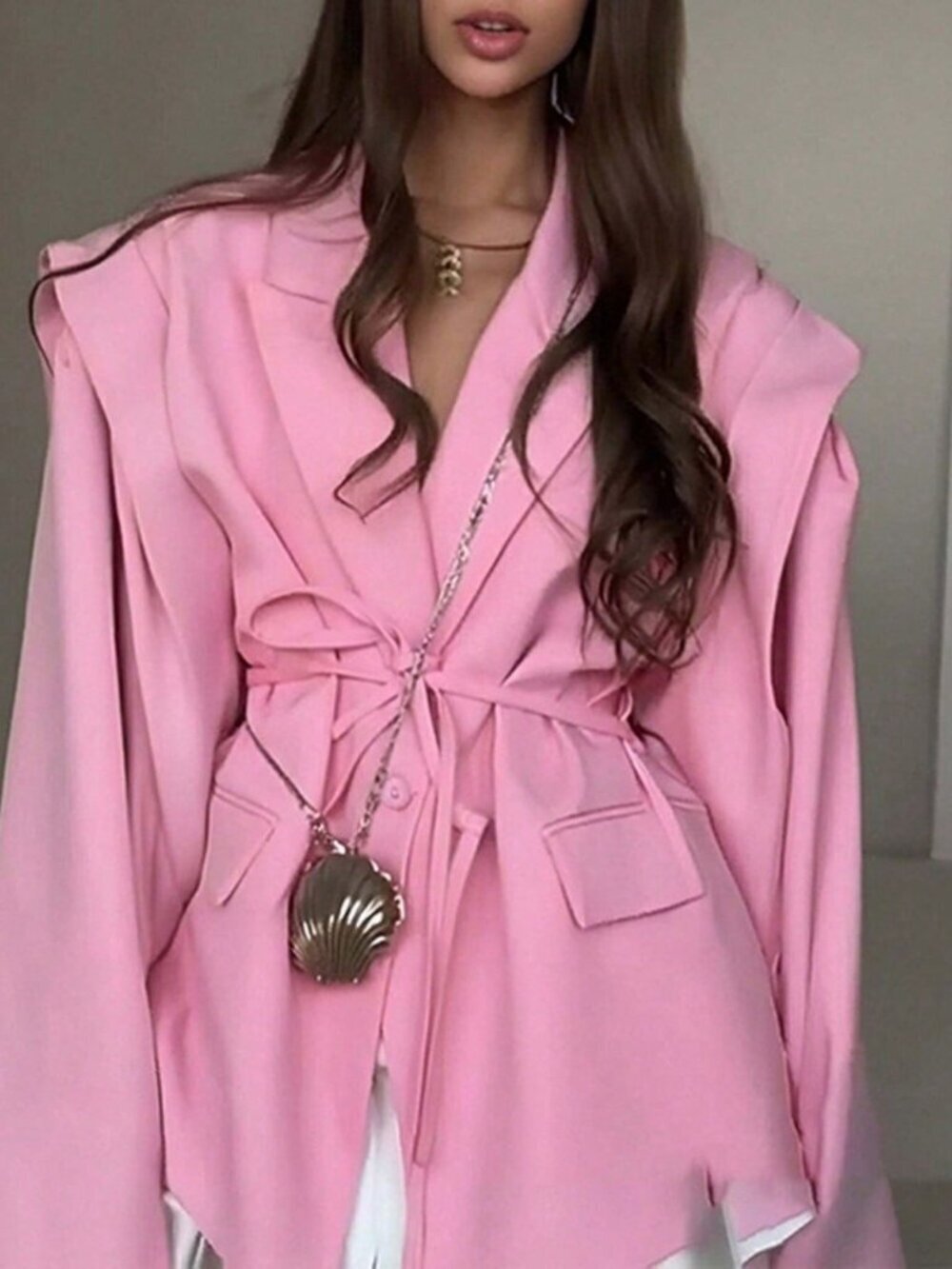 Pink Casual Women's Blazer with Drawstring Waist & Accent Cuff Notch Lapel